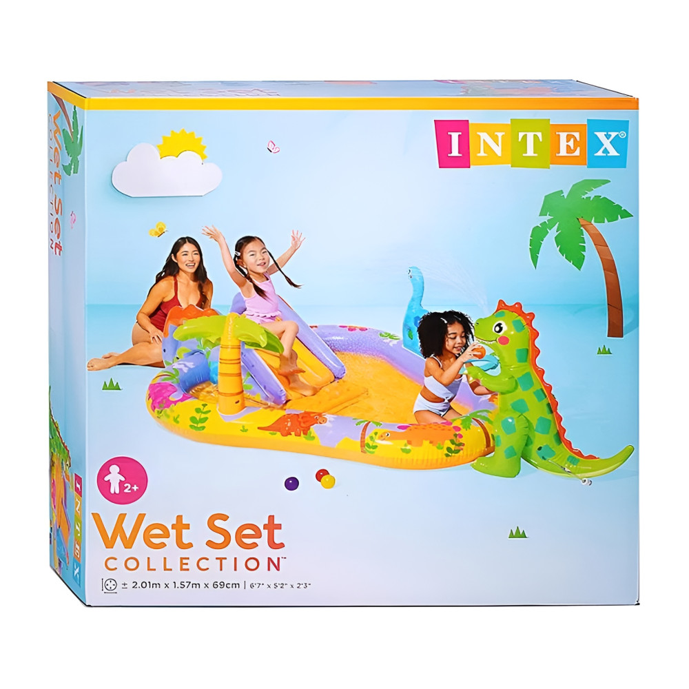 Надувной игровой центр Intex «Дино парк» 201×157×69 см, 159 л, с горкой и фонтаном, от 2 лет