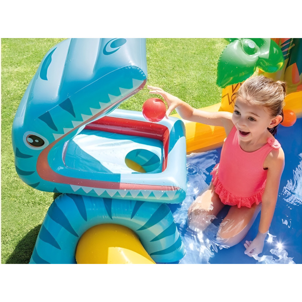 Надувной игровой центр Intex «Динозавр» 249×191×109 см, 310 л, с горкой и фонтаном, от 3 лет