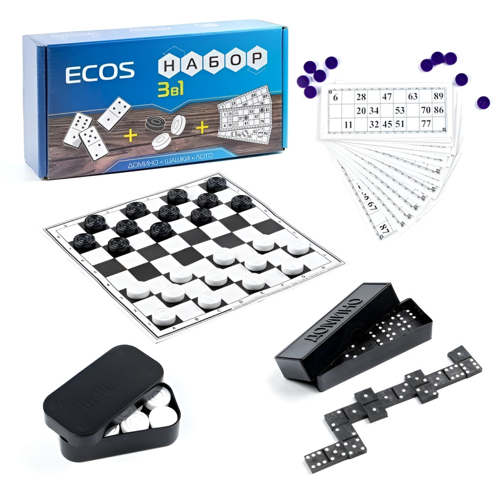 Набор настольных игр 3 в 1 лото, шашки, домино Ecos