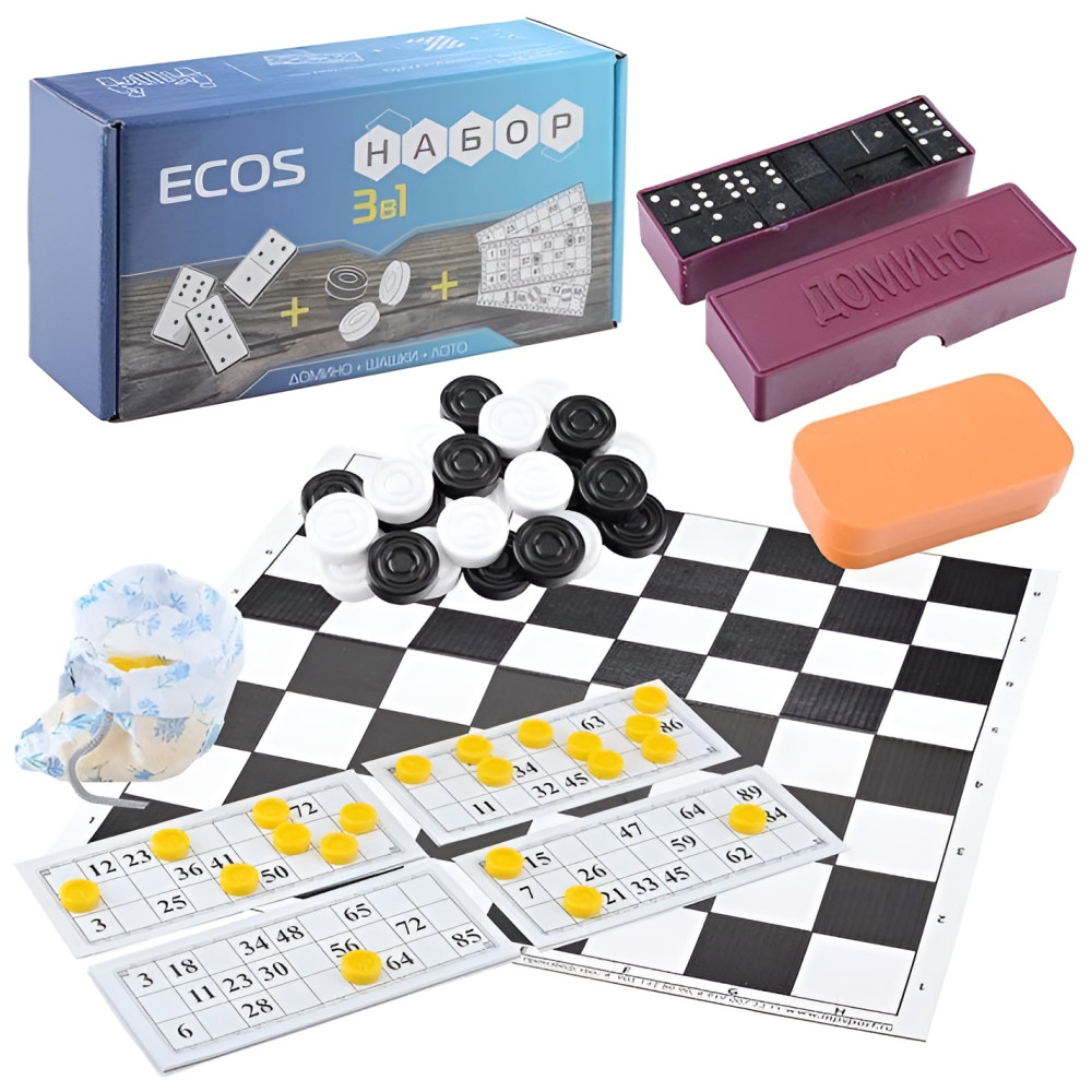 Набор настольных игр 3 в 1 лото, шашки, домино Ecos