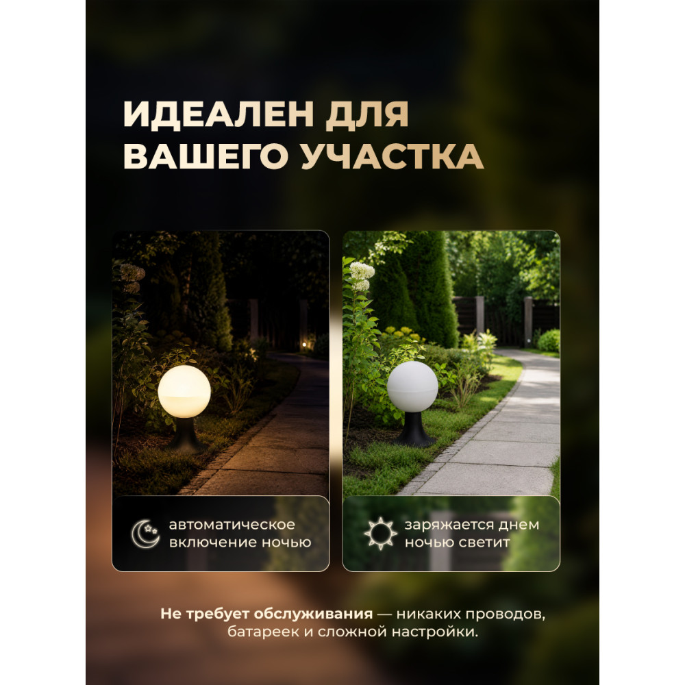 Садовый фонарь 10х10х16 см с черным основанием и белым шаром Baizheng