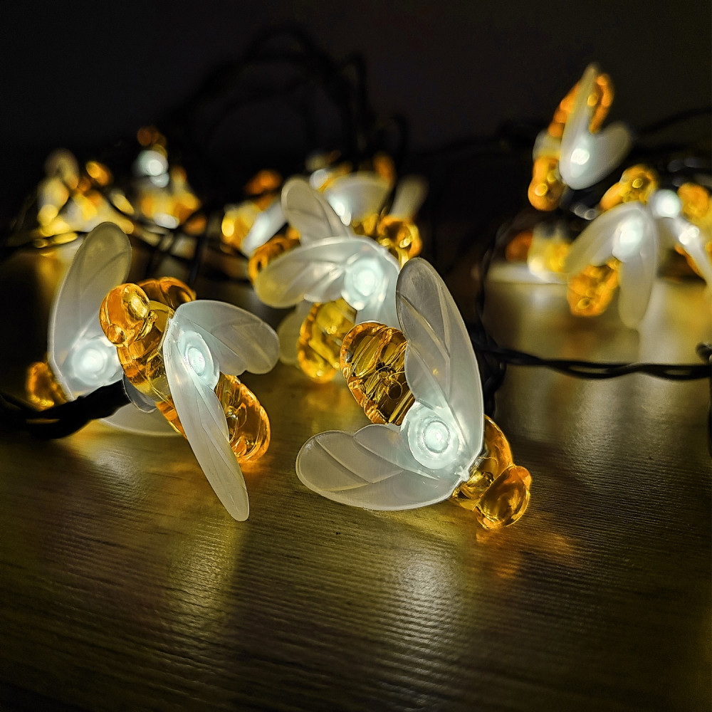 Гирлянда для улицы 30 led 6 м 8 режимов солнечная батарея желтый Пчелы Baizheng