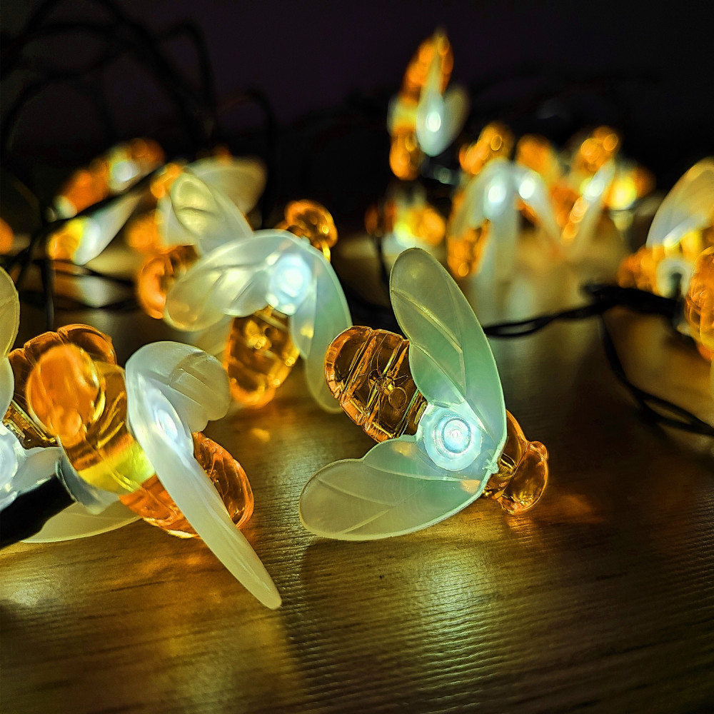 Гирлянда для улицы 30 led 6 м 8 режимов солнечная батарея желтый Пчелы Baizheng