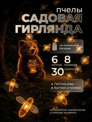 Гирлянда уличная 30 LED лампочек, 6 м, 8 режимов, солнечная батарея, желтый Пчелы Baizheng Гирлянда уличная 30 LED лампочек, 6 м, 8 режимов, солнечная батарея, желтый Пчелы Baizheng