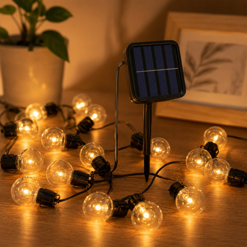 Гирлянда для улицы 20 LED 5 м 8 режимов солнечная батарея теплый свет Лампочка Эдисона Baizheng