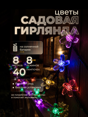 Гирлянда для улицы 40 led 8 м 8 режимов солнечная батарея мультицвет Сакура Baizheng Гирлянда для улицы 40 led 8 м 8 режимов солнечная батарея мультицвет Сакура Baizheng