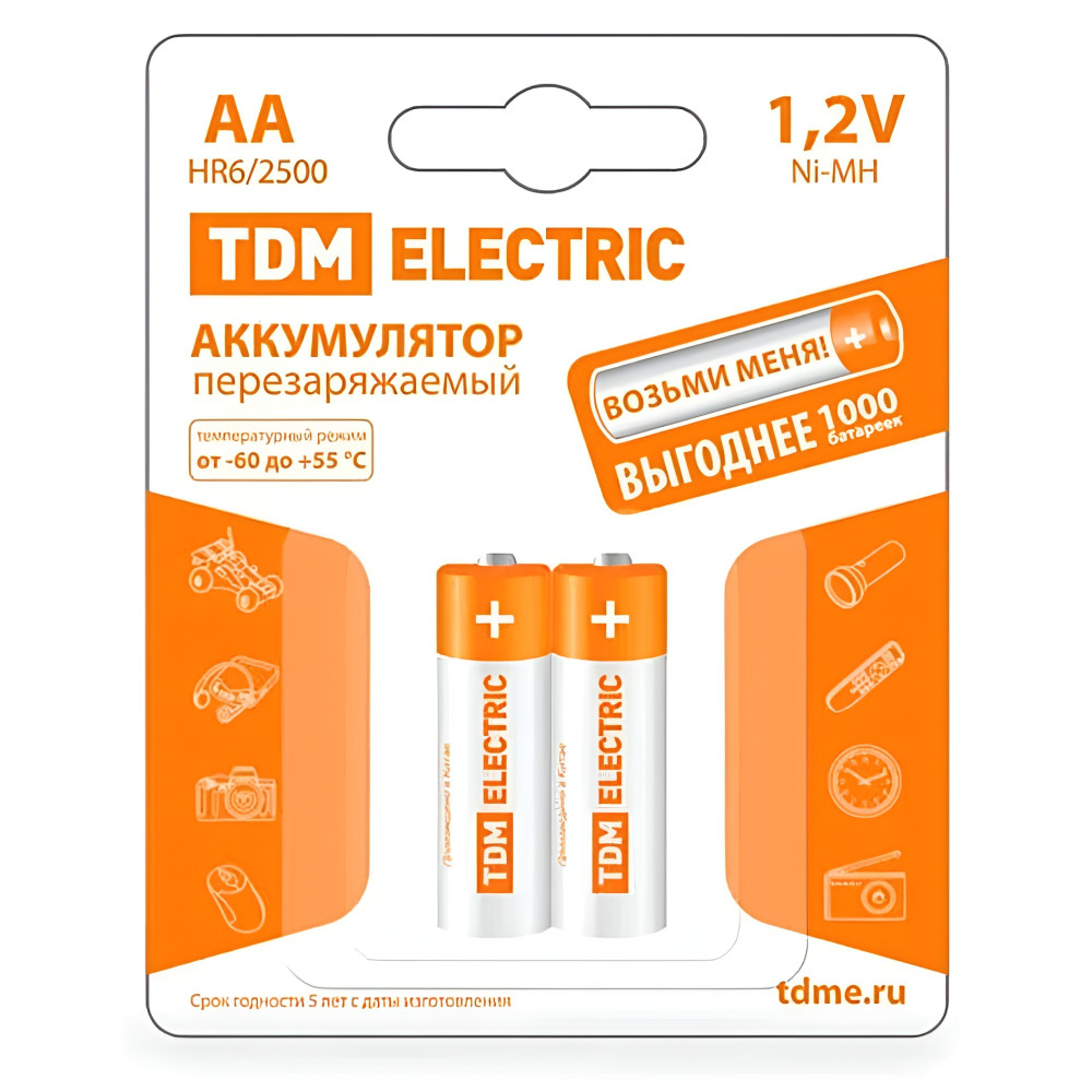 Батарейка AA Пальчиковая 1,5V NiMh аккумуляторная 2500mAh (блистер 2шт) (2/20/240) TDM