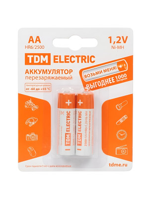 Батарейка AA Пальчиковая 1,5V NiMh аккумуляторная 2500mAh (блистер 2шт) (2/20/240) TDM Батарейка AA Пальчиковая 1,5V NiMh аккумуляторная 2500mAh (блистер 2шт) (2/20/240) TDM