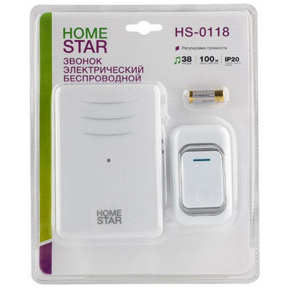 Звонок электрический беспроводной HomeStar HS-0118 с 32 мелодиями белый, радиус действия 100 м