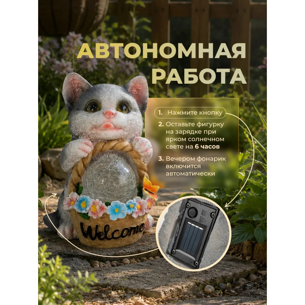 Фигурка садовая из смолы 19,5 см с солнечной батареей Котенок Baizheng