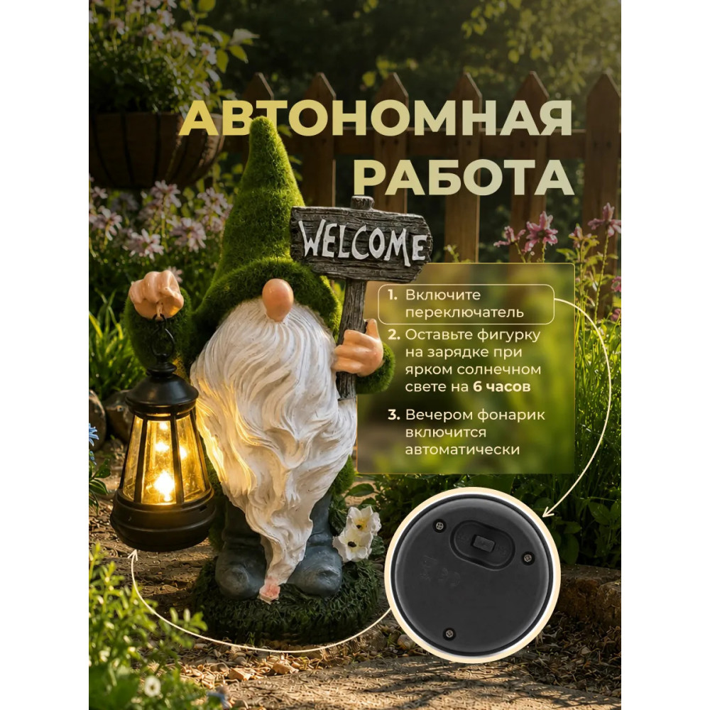 Фигурка садовая из смолы 32 см с солнечной батареей Гномик Baizheng