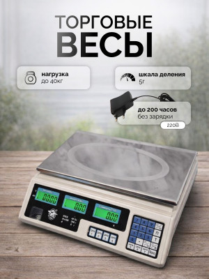 Весы торговые настольные до 40 кг/5 г 34,5*33,5*11,5 см адаптер дисплей память белый Baizheng Весы торговые настольные до 40 кг/5 г 34,5*33,5*11,5 см адаптер дисплей память белый Baizheng