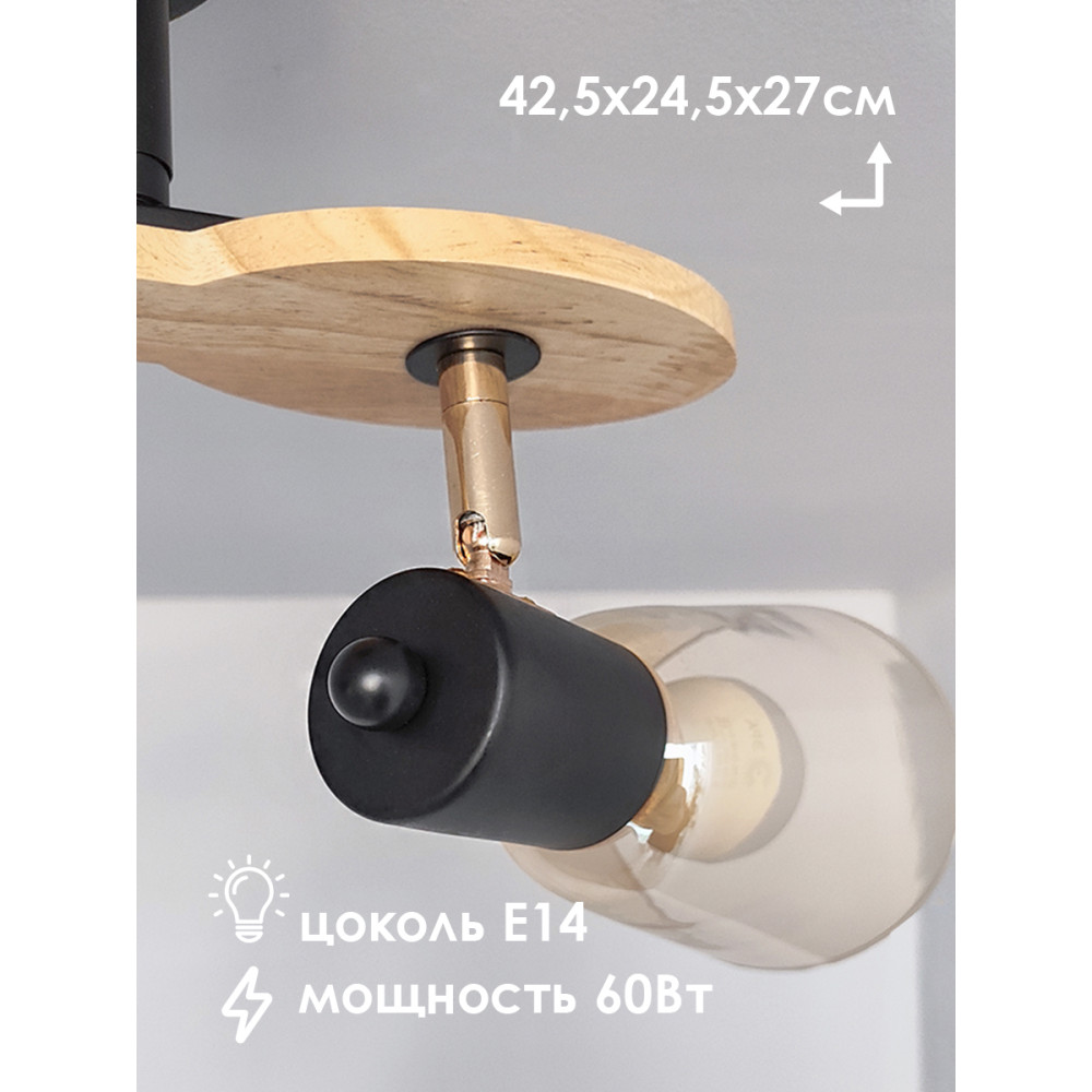Люстра 2 плафона 42,5*24,5*27 см Е14 60Вт 7м2 дерево плафон стекло черный Baizheng