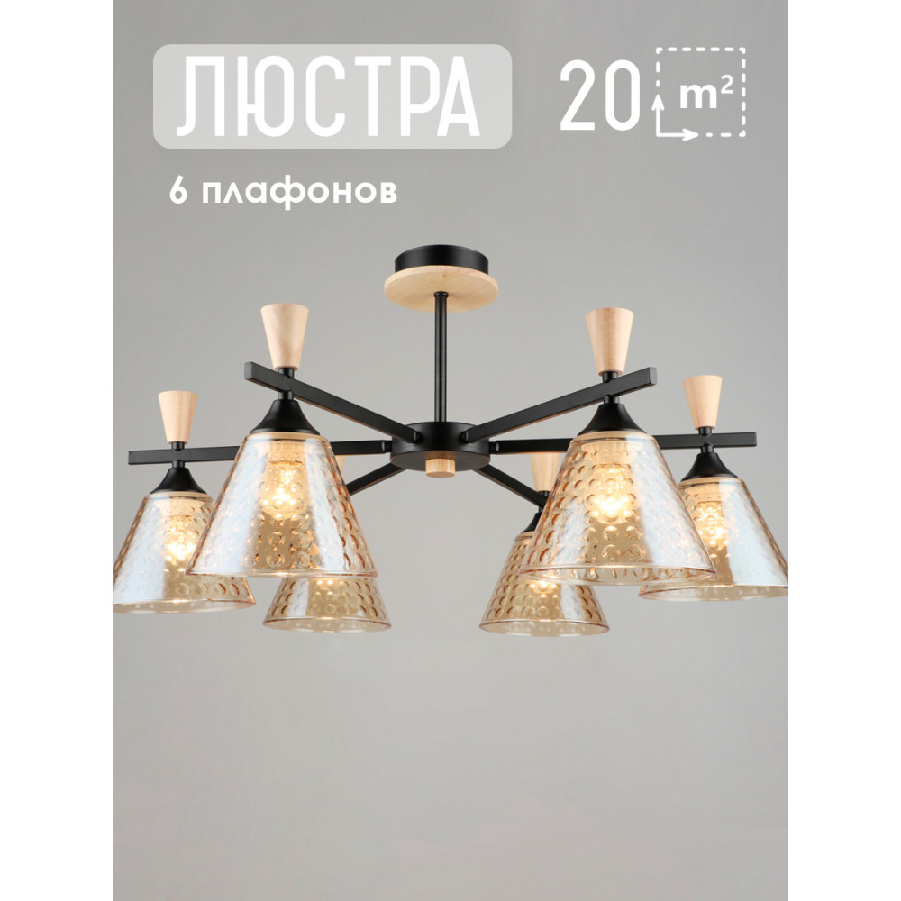 Люстра 6 плафонов 59,5*35,5 см E27 60Вт 20 м2 плафон стекло черный Baizheng