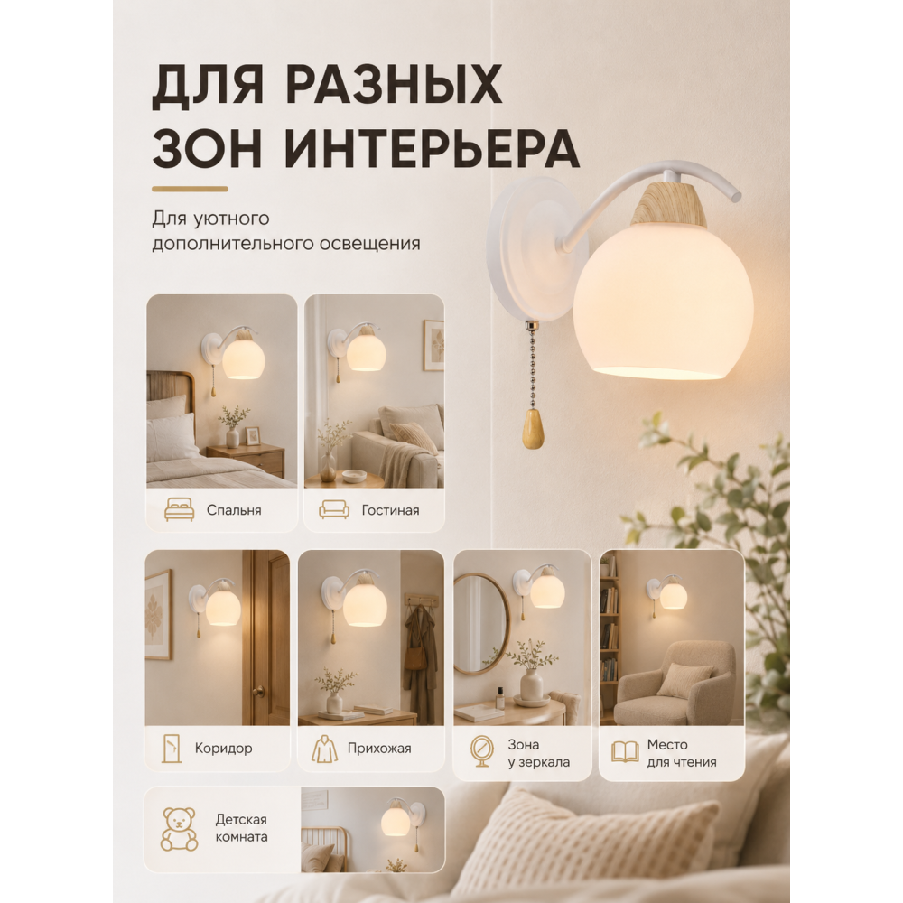 Бра 1 плафон 20*13*16 см Е27 60Вт 4м2 с выключателем плафон стекло белый Baizheng