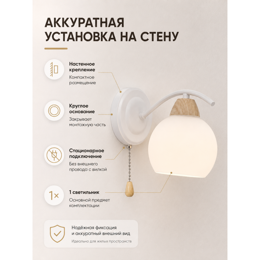 Бра 1 плафон 20*13*16 см Е27 60Вт 4м2 с выключателем плафон стекло белый Baizheng