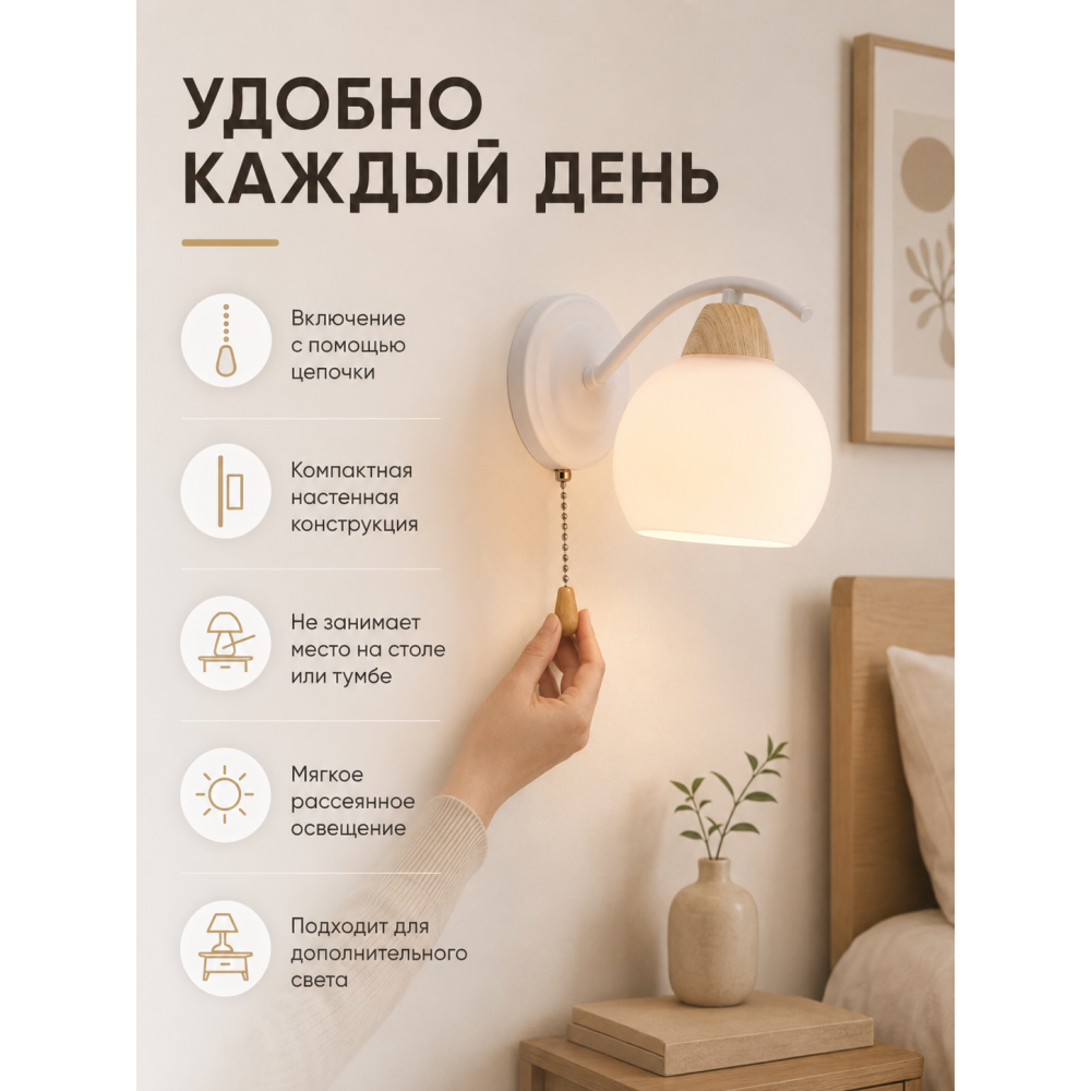 Бра 1 плафон 20*13*16 см Е27 60Вт 4м2 с выключателем плафон стекло белый Baizheng