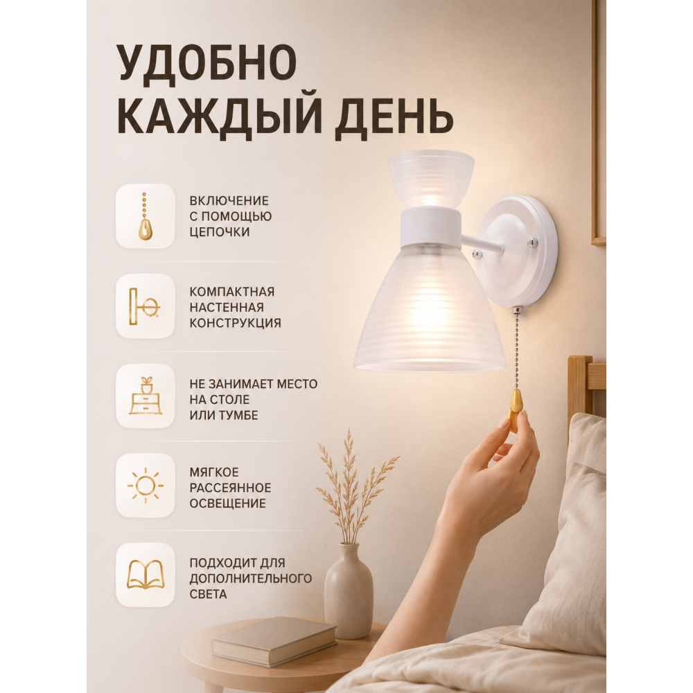 Бра 1 плафон 20*13.5*18 см Е27 60Вт 4м2 с выключателем плафон стекло белый Baizheng