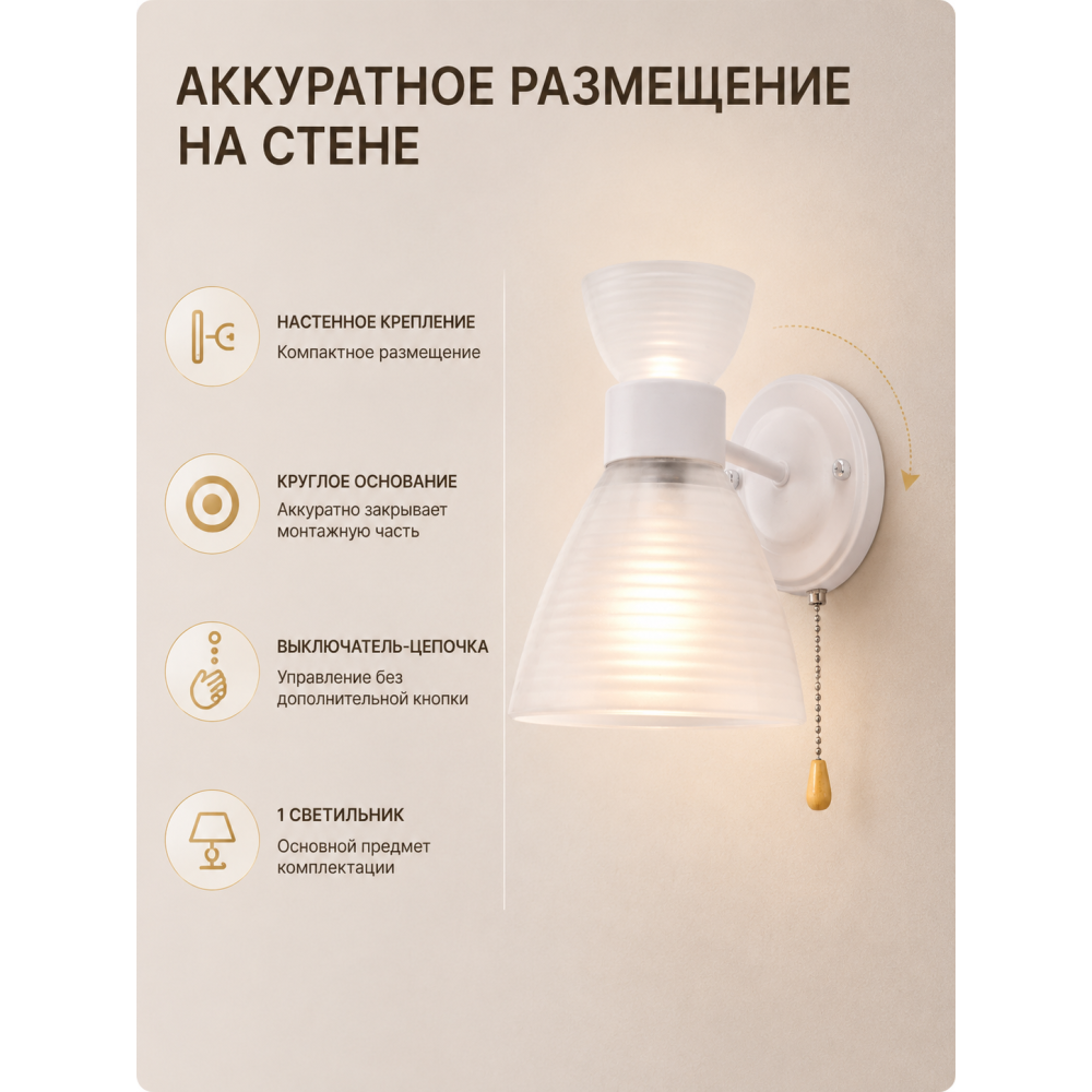 Бра 1 плафон 20*13.5*18 см Е27 60Вт 4м2 с выключателем плафон стекло белый Baizheng