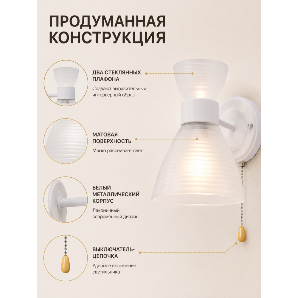Бра 1 плафон 20*13.5*18 см Е27 60Вт 4м2 с выключателем плафон стекло белый Baizheng