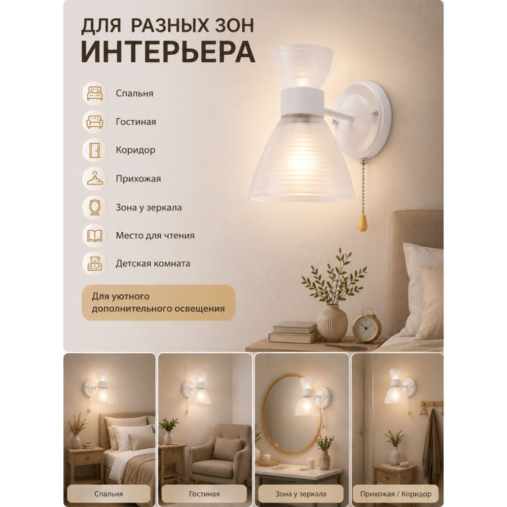 Бра 1 плафон 20*13.5*18 см Е27 60Вт 4м2 с выключателем плафон стекло белый Baizheng
