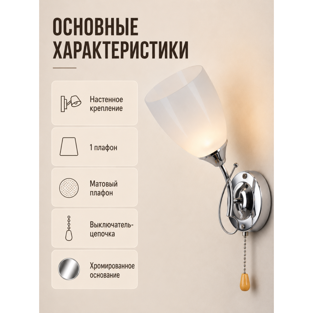 Бра 1 плафон 28*20*10 см Е27 60Вт 4м2 с выключателем плафон стекло хром Baizheng