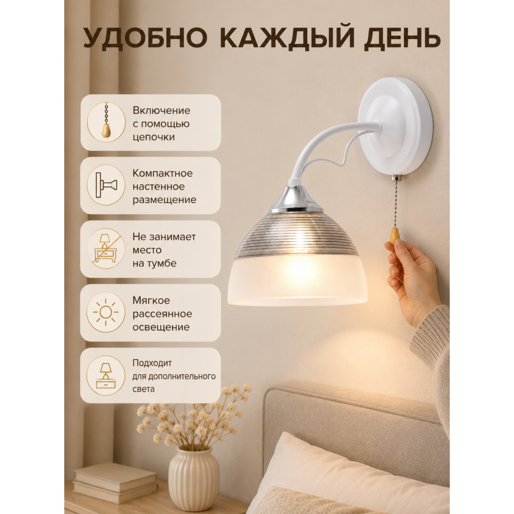 Бра 1 плафон 21*15*20 см Е27 60Вт 4м2 с выключателем плафон стекло белый Baizheng
