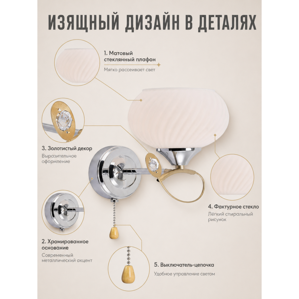 Бра 1 плафон 23*15*13 см Е27 60Вт 4м2 с выключателем плафон стекло хром Baizheng