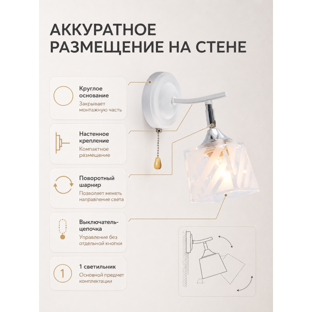 Бра 1 плафон 24x17x10 см Е27 60Вт 4м2 с выключателем плафон стекло белый Baizheng