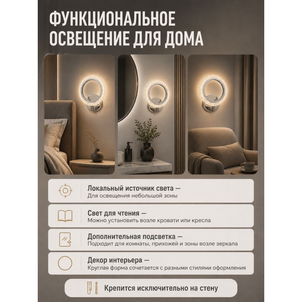 Бра светодиодный 1 плафон 19*23*8 см 18 Вт 600 LM 5м2 3 цвета хром Baizheng