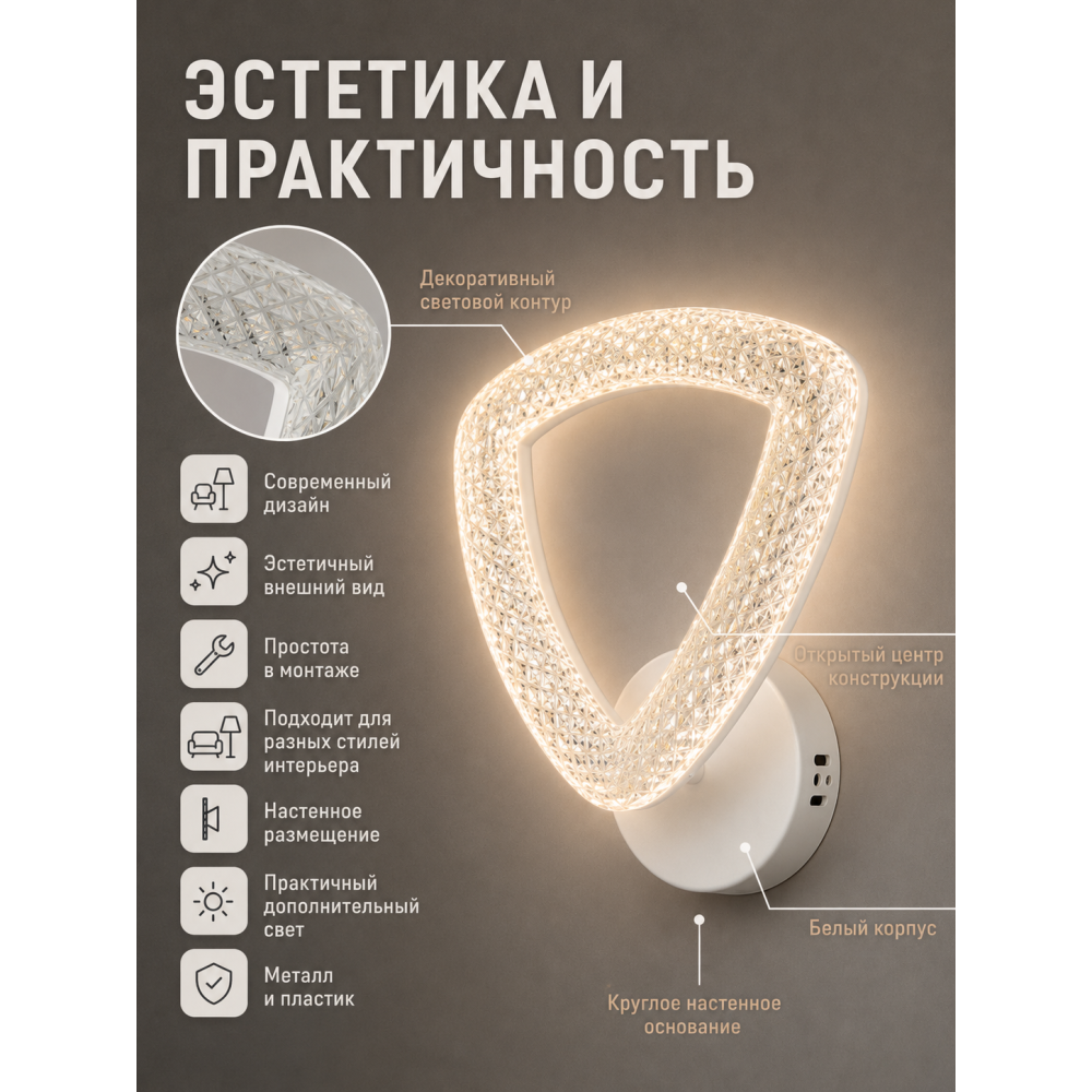 Бра светодиодный 1 плафон 25,5*19,5*10 см 16Вт 600 LM 5м2 акрил 3 цвета белый Baizheng