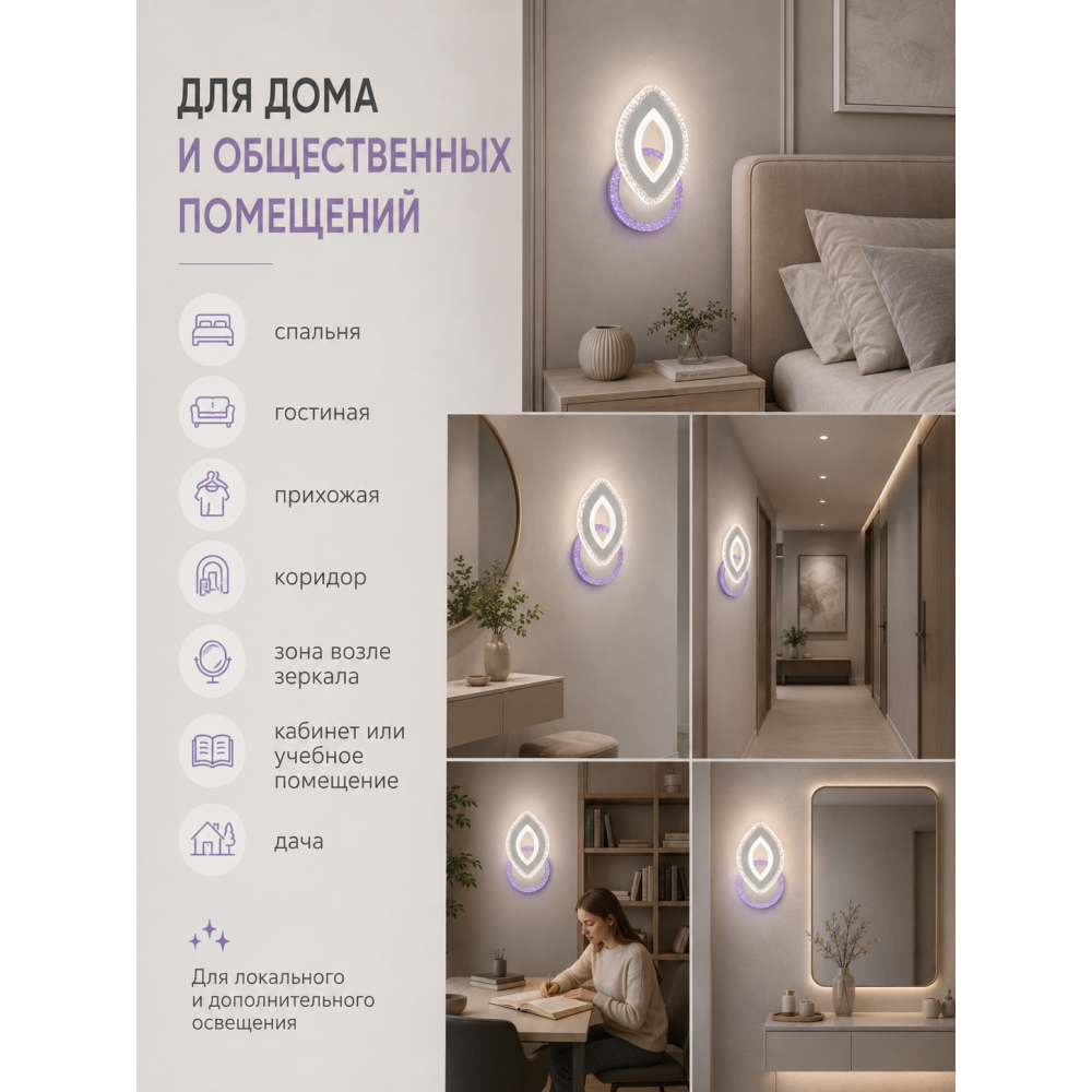 Бра светодиодный 1 плафон 26*16*9 см 24 Вт 820 LM 10м2 акрил 3 цвета белый Baizheng