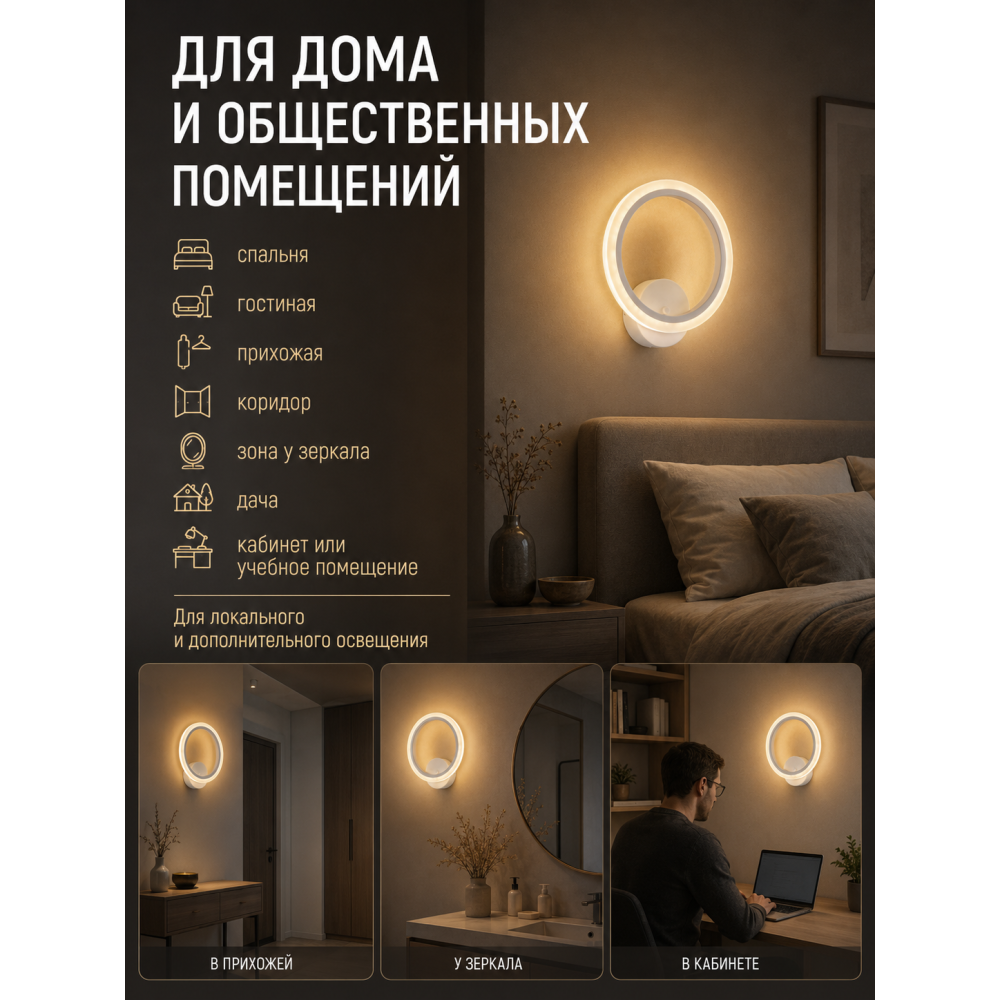 Бра светодиодный 1 плафон 26*30*8 см 18 Вт 600 LM 5м2 акрил 3 цвета белый Baizheng