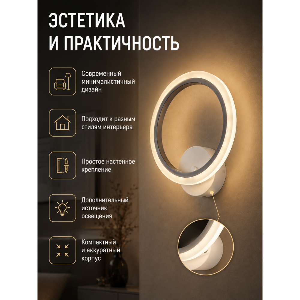 Бра светодиодный 1 плафон 26*30*8 см 18 Вт 600 LM 5м2 акрил 3 цвета белый Baizheng