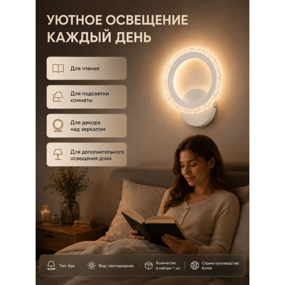 Бра светодиодный 1 плафон 26*30*8 см 24 Вт 90 LM 5м2 3 цвета хром Baizheng