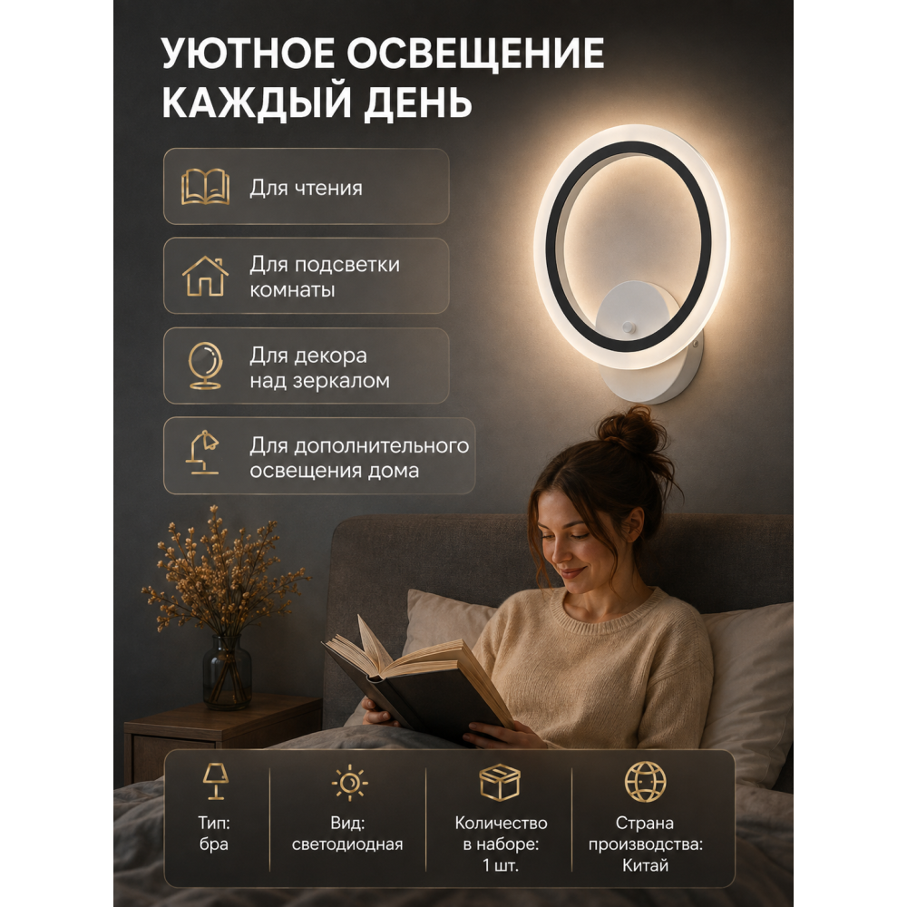 Бра светодиодный 1 плафон 26*30*8 см 24 Вт 900 LM 5м2 акрил 3 цвета белый Baizheng