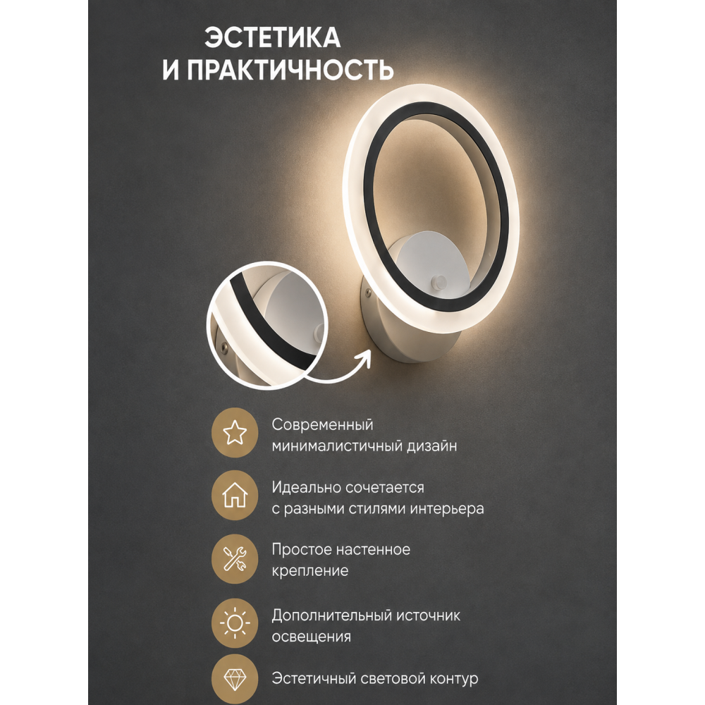 Бра светодиодный 1 плафон 26*30*8 см 24 Вт 900 LM 5м2 акрил 3 цвета белый Baizheng