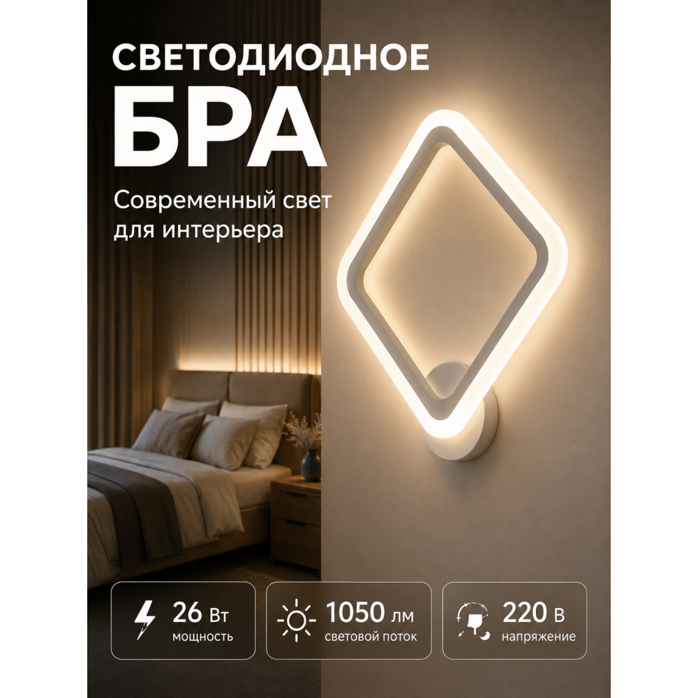 Бра светодиодный 1 плафон 30,5*36,4*8 см 26 Вт 1050 LM 5м2 3 цвета белый Baizheng (1/20) ДУБЛЬ НАИМЕ
