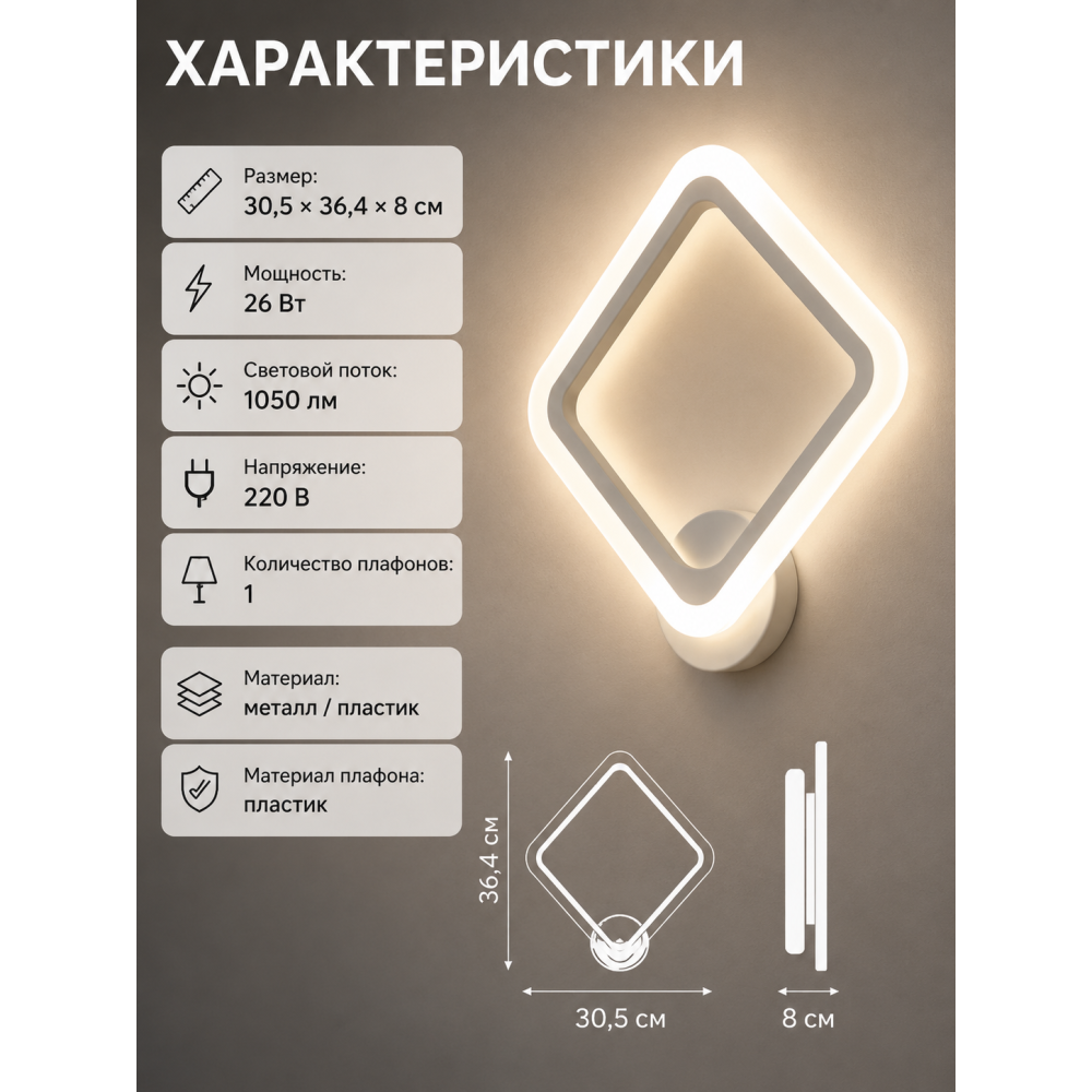 Бра светодиодный 1 плафон 30,5*36,4*8 см 26 Вт 1050 LM 5м2 3 цвета белый Baizheng (1/20) ДУБЛЬ НАИМЕ