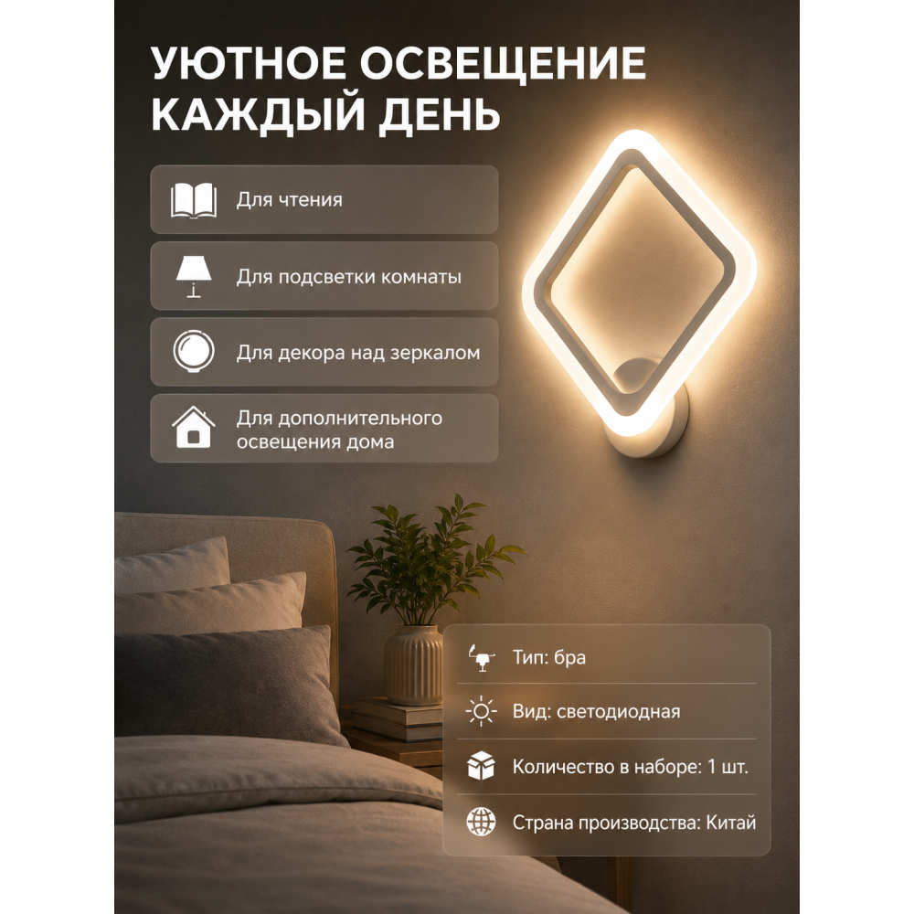 Бра светодиодный 1 плафон 30,5*36,4*8 см 26 Вт 1050 LM 5м2 3 цвета белый Baizheng (1/20) ДУБЛЬ НАИМЕ