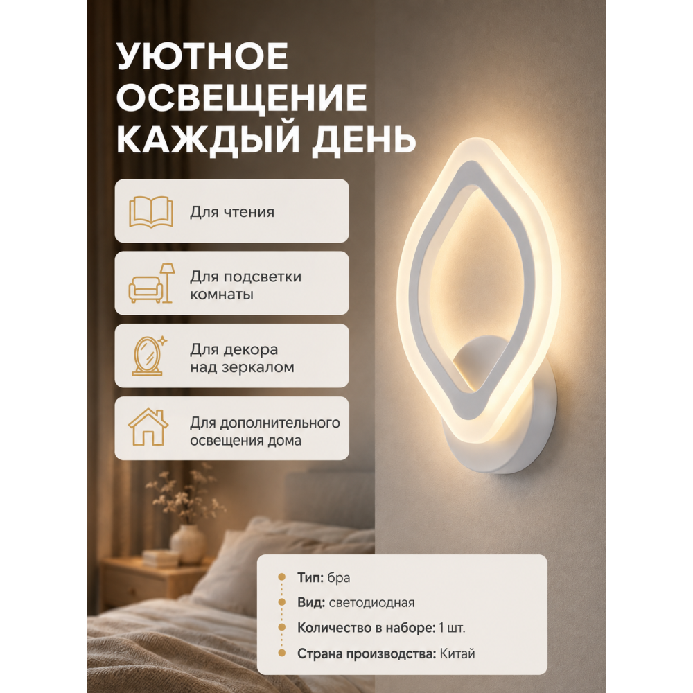 Бра светодиодный 1 плафон 34*23*8 см 24 Вт 810 LM 5м2 акрил 3 цвета хром Baizheng