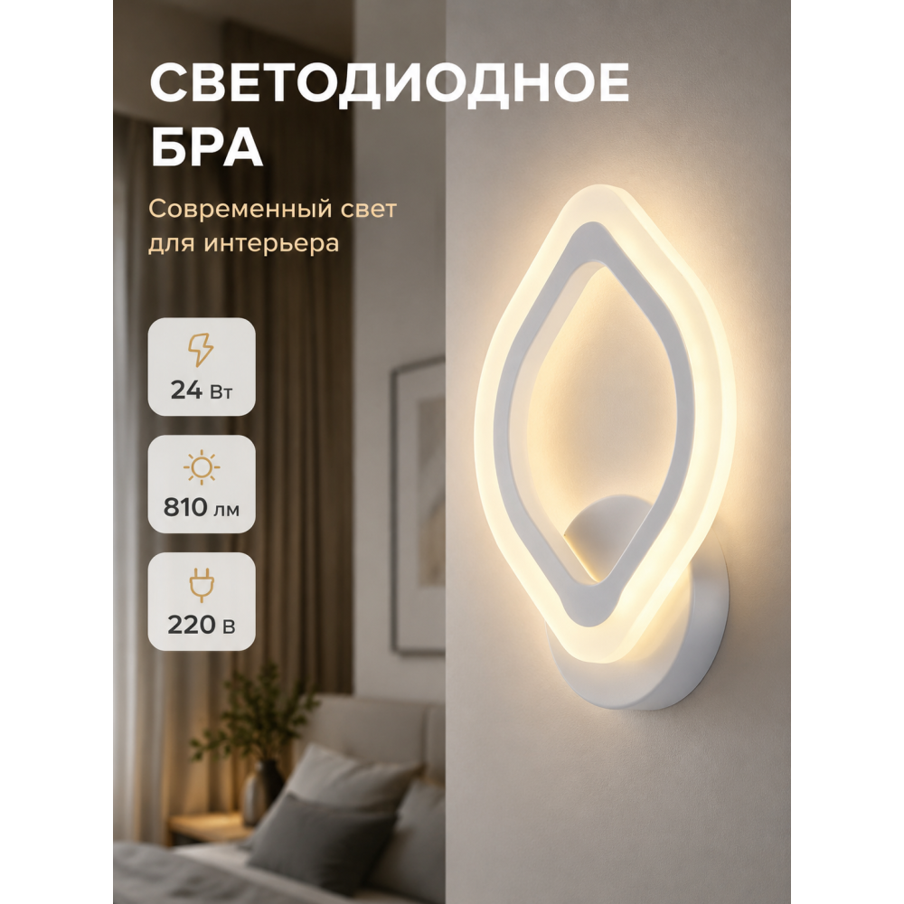 Бра светодиодный 1 плафон 34*23*8 см 24 Вт 810 LM 5м2 акрил 3 цвета хром Baizheng