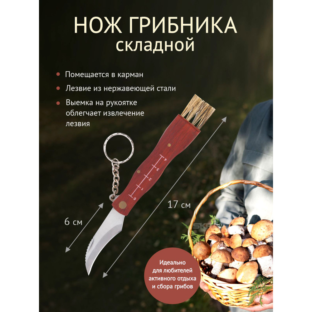 Нож грибника складной 17*2,2*1,4 см с щеткой блистер коричневый
