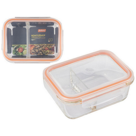 Контейнер стеклянный 1000 мл прямоугольный разд стекл крышка прозрачн оранжевый Gusto Mallony