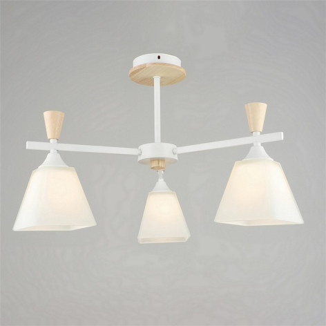 Люстра 3 плафона 56*35 см Е27 60Вт 12м2 плафон стекло белый-дерево Baizheng