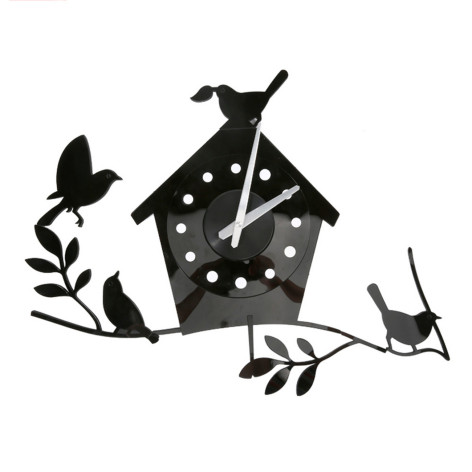 Часы пластиковые настенные  55х55 см самоклеящиеся Скворечник с птицами на ветке чер Baizheng