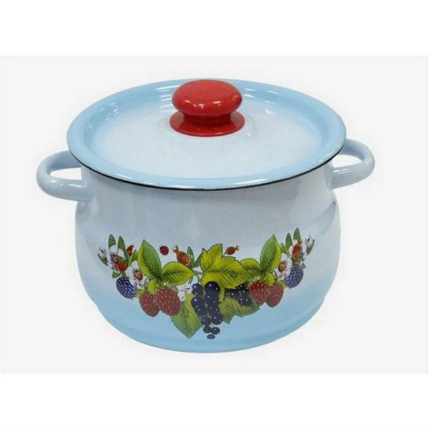 Кастрюля эмалированная 8 л пластиковая кнопка серо-голубой Ягодный чай Стальэмаль