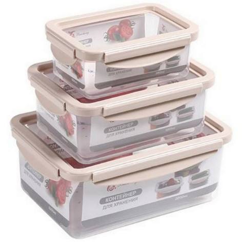 Набор пластиковых контейнеров 3 шт 0,55 л 1,2 л 2,2 л с крышкой прозрач-беже Baizheng