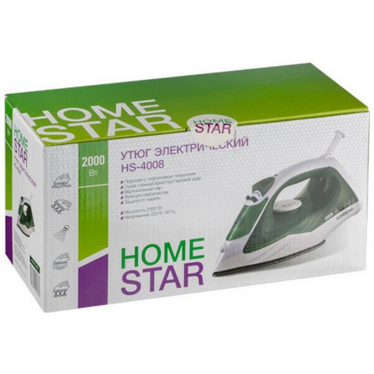 Картинка Утюг 2 кВт тефлоновое покрытие пар бело-зеленый HS-4008 HomeStar