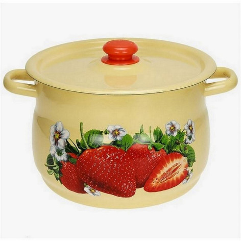 Кастрюля эмалированная 8 л пластиковая кнопка палевый Клубника садовая Стальэмаль